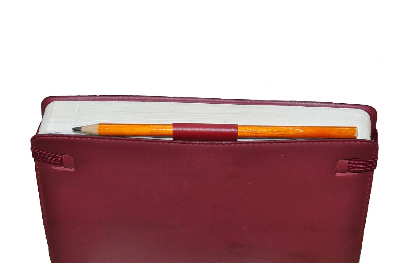 Una agenda cerrada de color vino con un lápiz apoyado encima, sobre fondo blanco