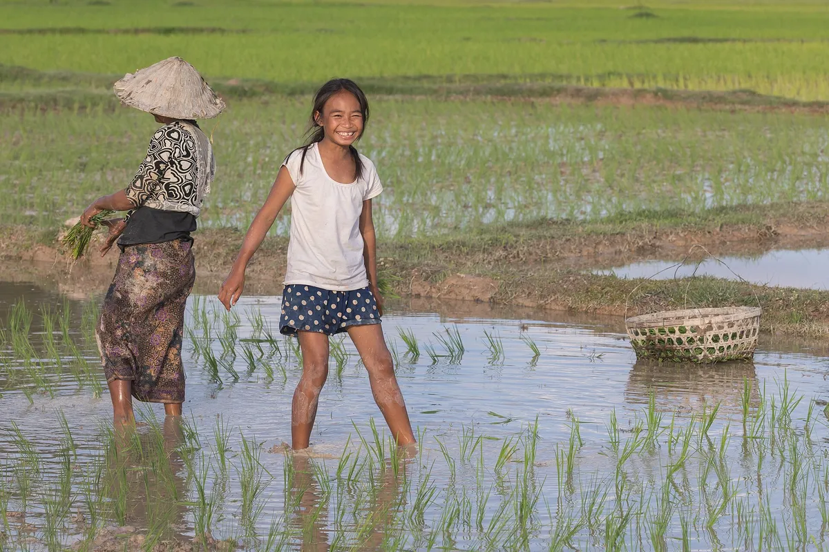 Menina sorrindo em uma plantação de arroz alagada ao lado da avó