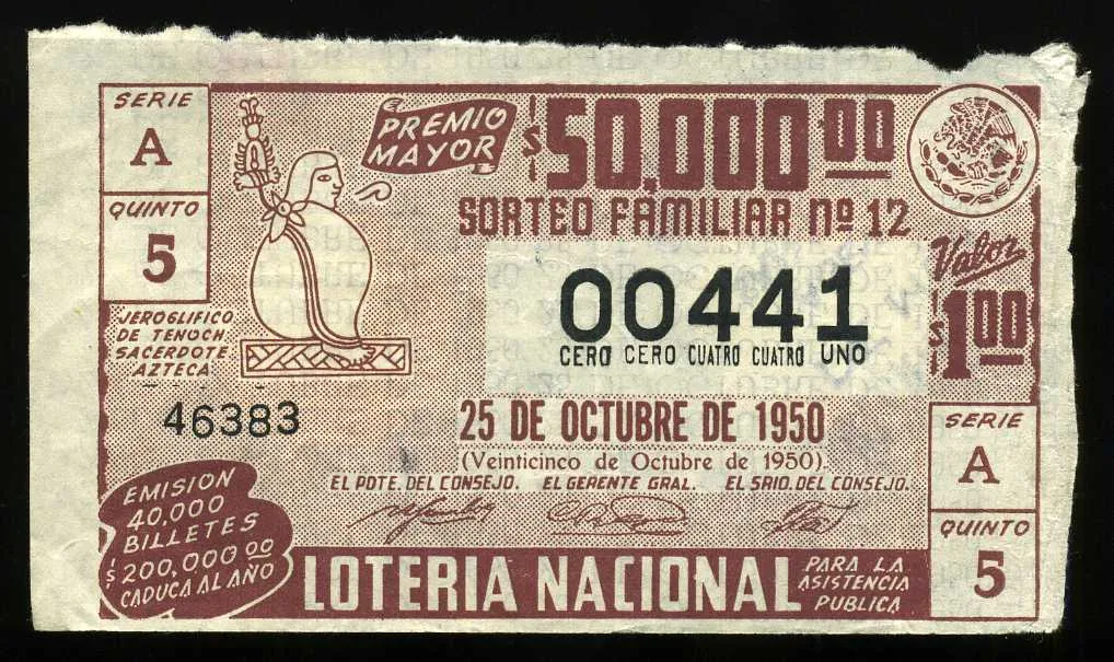 Billete tradicional de papel de la Lotería Nacional de México del año 1950