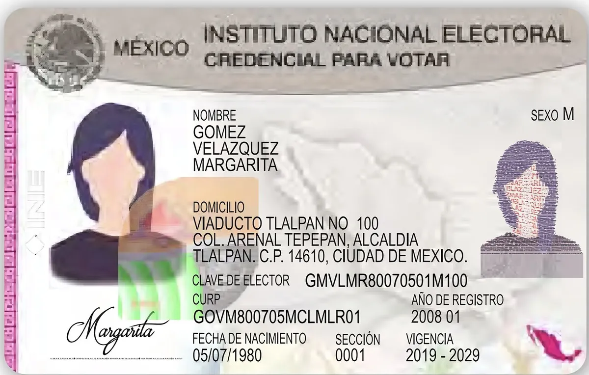 Anverso del espécimen oficial de la credencial para votar del INE, con datos ficticios de muestra