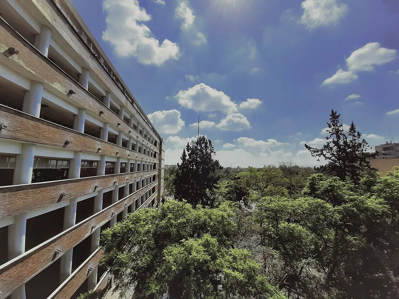 Edificio de la Facultad de Medicina de la UNAM junto a los árboles de Ciudad Universitaria