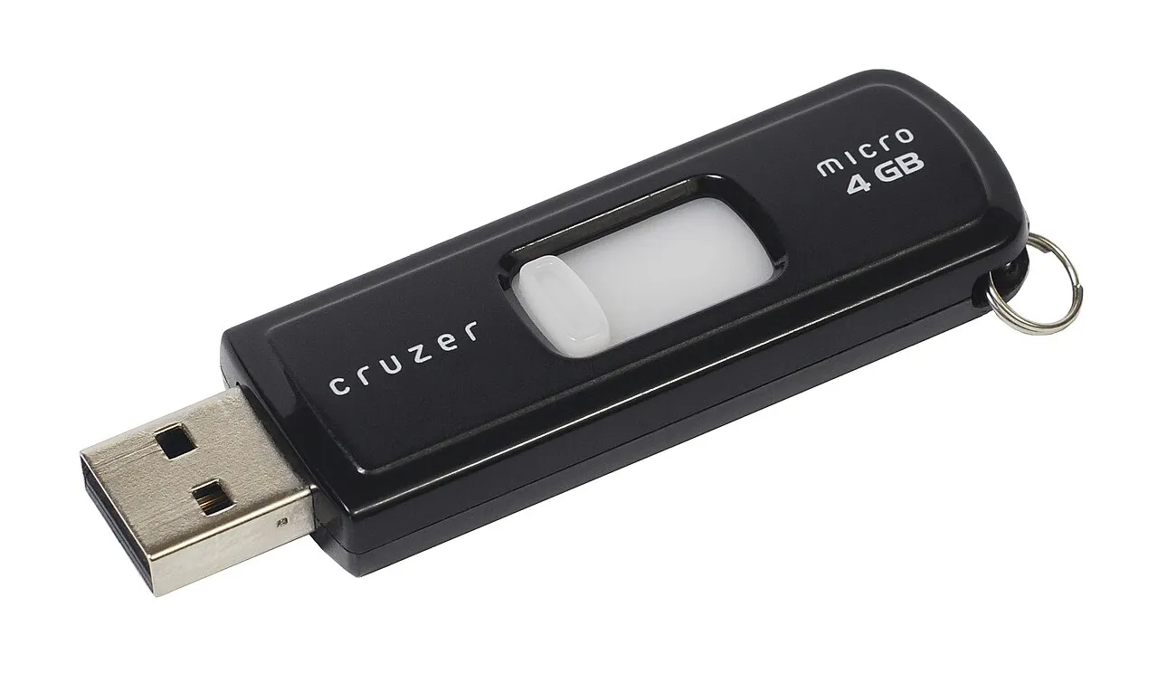 Una memoria USB negra con el conector metálico visible, sobre fondo blanco