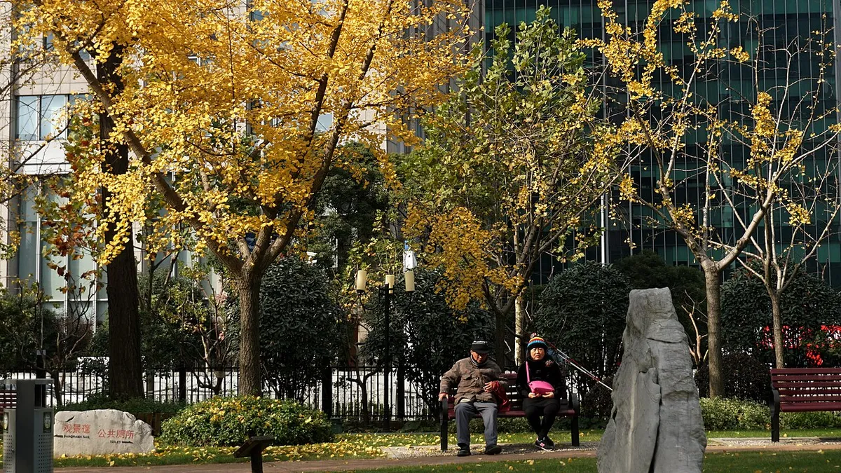 Una pareja de personas adultas mayores sentada en una banca de un parque en un día soleado