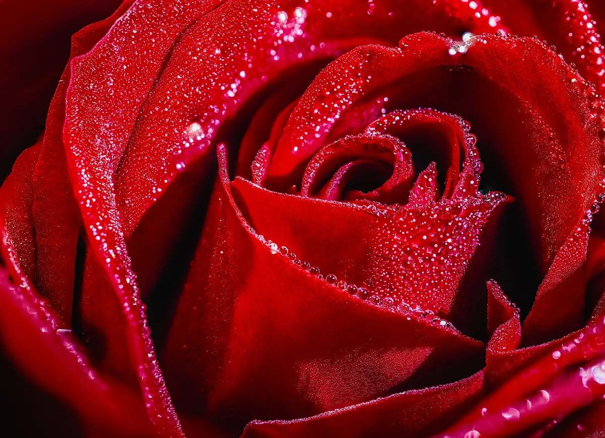 Rosa vermelha em destaque extremo, com gotas de água sobre as pétalas