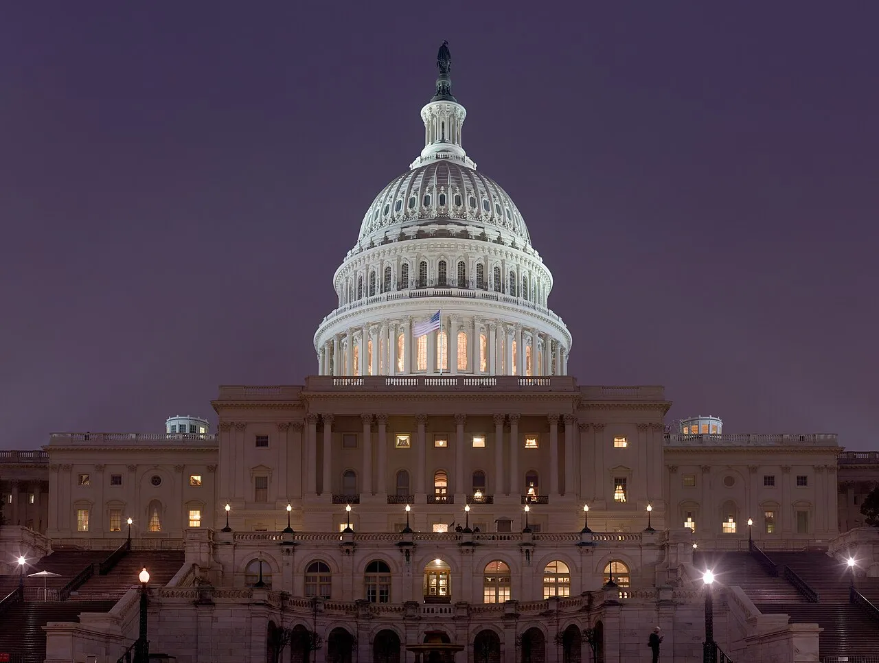 The United States Capitol building in Washington, D.C., lit up at night